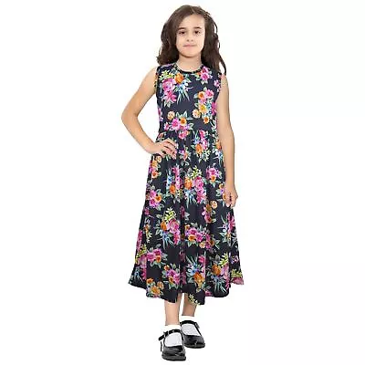 Kids Girls Maxi Dress Sleeveless Black Floral Fashion Summer Long Skater Dress • £9.99