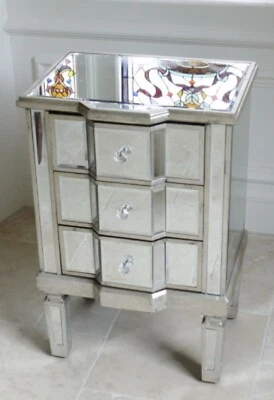 SOL 2 X Mirrored 3 Drawer Venetian Distressed Silver Bedroom Living  Bedside • £294.95