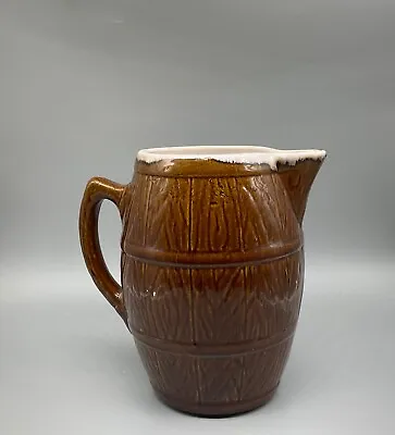 McCoy Pitcher Brown Barrel Drip Jug Pottery USA Heavy 4 Shield Mark 8” READ • $15.99