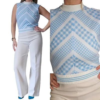 Vintage 70s Sz 4 White Blue Flared Sleeveless Jumpsuit Knit Polyester Wide Leg • $129.99