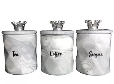 Set Of 3 Marble Design Coffee Tea Sugar Canisters Container Kitchen Jar Pots✨ • £33.99