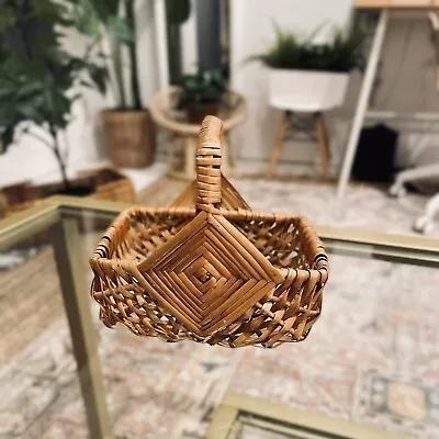 Vintage Hand Woven God’s Eye Small Wooden Wicker Buttocks Egg Gathering Basket • $12