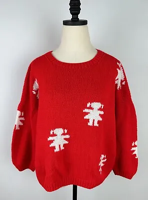 VTG Handmade Red Sweater S Relaxed FIt Stick Figure Novelty Print Kawaii Funky • $19.54