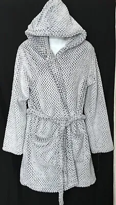 PRIMARK Ladies SMALL/10-12 Waffle Fleece HOODED DRESSING GOWN Bath Robe GREY Vgc • £7.99