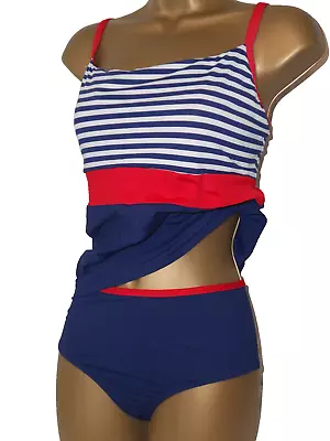 Navy / White Bravissimo Nautical Stripe Tankini Bikini Size 32f Top 12 Briefs • £12.99