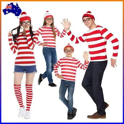 Women Men Kids Wheres Wally T-shirt Glasses Hat Socks Halloween Costume Cosplay • $21.49