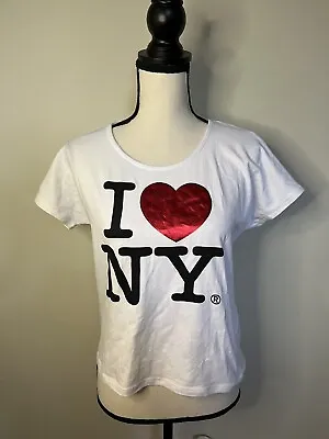 I LOVE NY TShirt Womens MEDIUM White Crop Authentic Short Sleeve Shiny Heart • $0.99