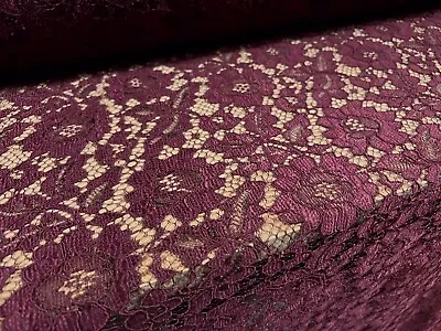 Heavy Corded Alencon Lace Dress Fabric Per Metre - Floral Design - Burgundy • £4.99