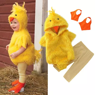 Infant Boys Girls Cosplay Chicken Animal Costume Winter Fleece Hooded Romper • £16.88