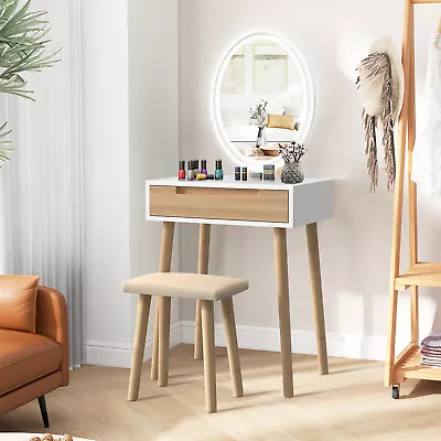 Makeup Vanity Set Dressing Table Desk With Stool LED Lighted Mirror Drawers Wood • $125.99