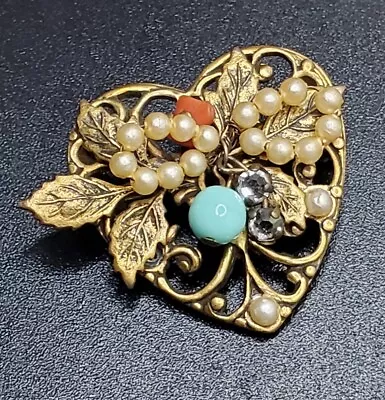 Vintage Heart Brooch 1949 CORO Ornate Pin Costume Jewelry Faux Pearls Gem Stones • $11.35