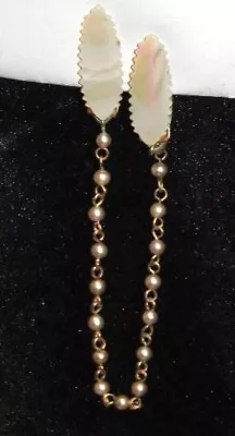 Vintage Mother Of Pearl Sweater Guard Gold Tone Chain Faux Pearl Beads Pin PAT. • $5