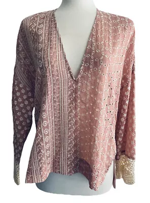 $23.27 • Buy Zara Blouse Pink Eyelet Long Sleeves Embroidered Crochet Top Women’s XS New