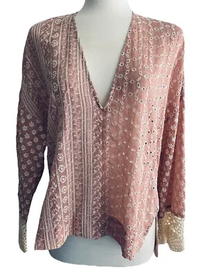 Zara Blouse XS Pink Eyelet Long Sleeves Embroidered Crochet Top Women’s New • $16