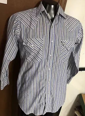 Plains Blue Stripe Pearl Snap Western Long Sleeve SHIRT Mens S Small Cowboy Used • $11.95