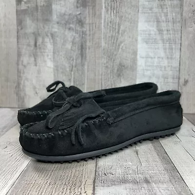 Minnetonka Women's Kilty Hardsole Suede Moccasin Loafer Slip On Black Size 7 400 • $19.95