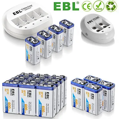 EBL 9V 600mAh 6F22 Li-ion Rechargeable Batteries  9Volt Battery USB Charger Lot • $86.99