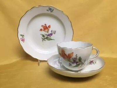 Antique MEISSEN Porcelain Teacup Saucer & Plate Set Dresden Flower Mint Swords • $120