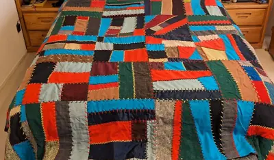 VTG Handmade Tied Crazy Quilt - Heavy Fabrics 92 X84  - Bedspread / Cover • $56