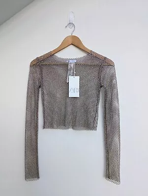 £32 • Buy ZARA 2023 Crystal Silver Rhinestone Mesh Shiny CROP TOP BNWT Size S Rare 