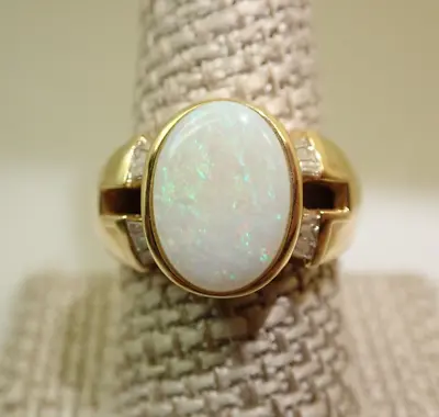 14k Solid Yellow Gold LAURA RAMSEY LR Opal Cabochon Diamond Band Ring Size 9.25 • $1095