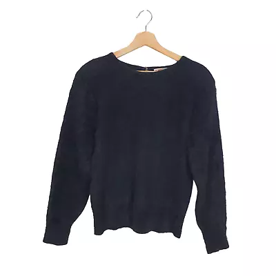Large Sun Size S/M Vintage Black Angora Wool Mix Fluffy Knit Jumper Sweater • $49.95