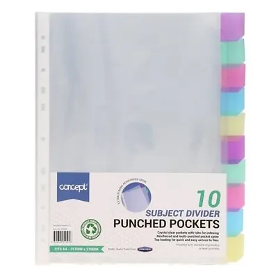 A4 Subject Divider Clear Sleeves Punched Pocket Colour Tab Office Filing 10 Part • £4.64