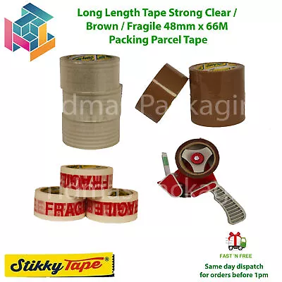 LONG LENGTH TAPE STRONG CLEAR / BROWN / FRAGILE 48mm X 66M PACKING PARCEL TAPE • £17.99