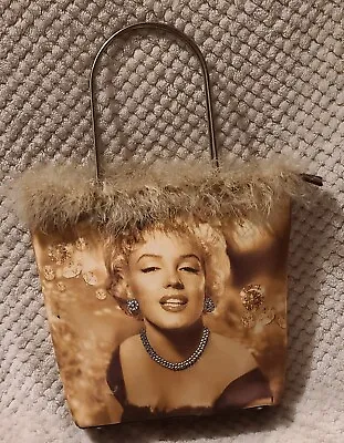 Marilyn Monroe Purse Handbag W/Rhinestones & Feathers Beige Metal Handle Footed  • £20.90