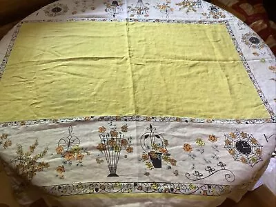 VTG Mid Century Modern 50s Yellow Bordered Linen Tablecloth 62x48 • $12