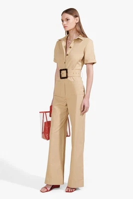 $99.99 • Buy EUC STAUD Davey Jumpsuit Linen Sand Khaki Trench Collared W/ Buckle Belt Sz XS 0
