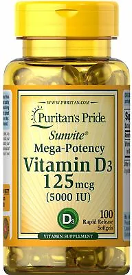 Puritan's Pride Vitamin D3 125mcg (5000 IU) - 100 Softgels • $4.80