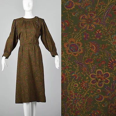 XL 1970s Yves Saint Laurent Green Wool Day Dress VTG Purple Pink Floral Buttons • $918