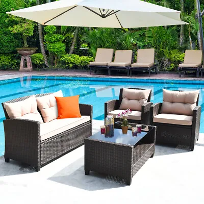 $689 • Buy 4-Piece Outdoor Wicker Furniture Set Rattan Sofa Table Setting Patio Lounge