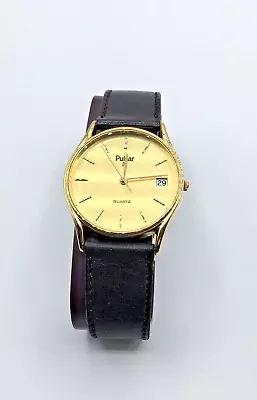 Vintage Men’s Pulsar Watch Gold Tone Date Brown Leather Band Needs Battery Box • $28.95