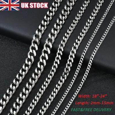 Mens Boys Curb Chain 18 -26  2mm - 15mm Stainless Steel Silver Cuban Necklace UK • £4.99