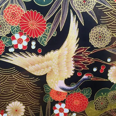 Japanese Cotton Fabric Cranes Metallic Bird Gold Black Brown Floral Oriental • £8.08