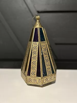 Vintage Made In India Hanging Colored Glass & Metal Pierced Lantern / Candle Hol • $80