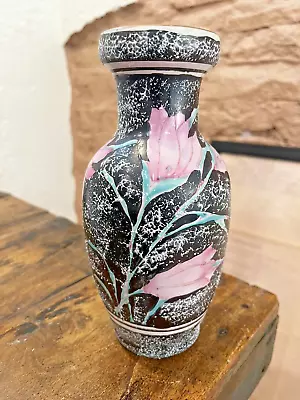 Vintage Black Moriage Textured Hand Painted Purple/pink Flowers Vase Jar 8  • $33