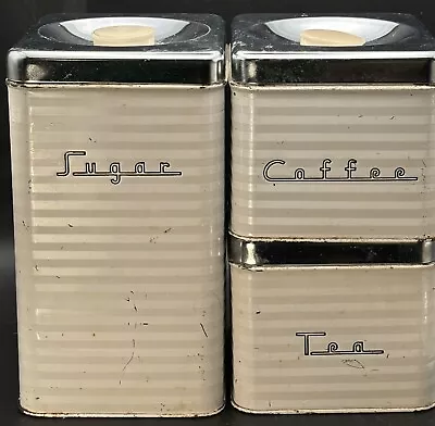 Vtg 30s 40s 50s White Stripe Chrome 3 Canisters Kitchen Tea Coffee Sugar USA • $40