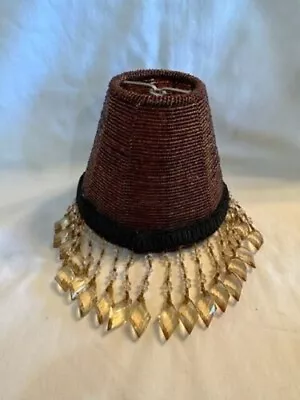 Beaded Lamp Shade 4  Vintage Fringed Clip-On Mini Brown Chandelier Light Lamp • $15.95