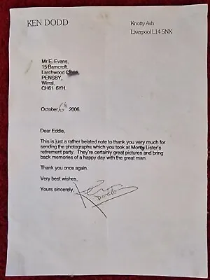 Ken Dodd Signature On A Signed Letter Of Thanks  • £9