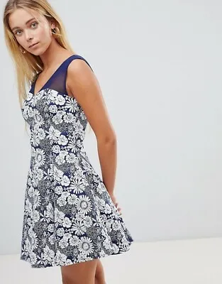 QED London Navy Floral Skater Dress With Mesh Insert Size 14 • £23.99