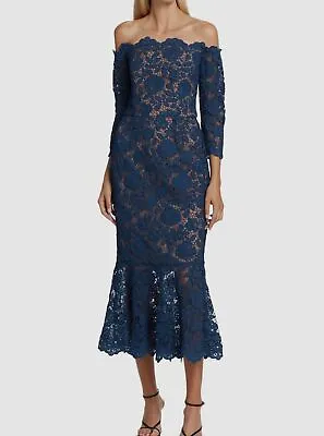 $446 Marchesa Notte Women's Blue Off-The-Shoulder Lace Midi-Dress Size 2 • $142.78