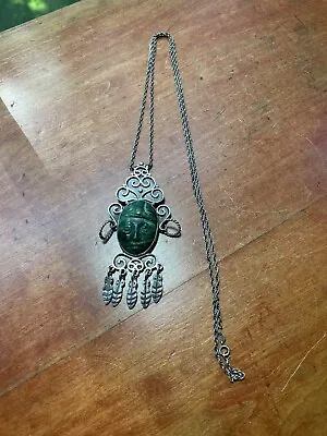 Mexican Taxco Aztec Face Brooch Pendant Malachite Sterling Silver • $159