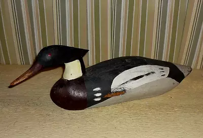 Antique Wood Carved MERGANSER Duck Decoy. Seven Colors. 18 1/2   L  X  5 5/8   H • $185.89