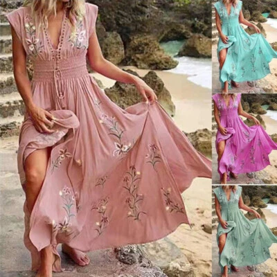$5.49 • Buy Womens Floral Boho V Neck Mini Dress Ladies Beach Holiday Short Sleeve Sundress