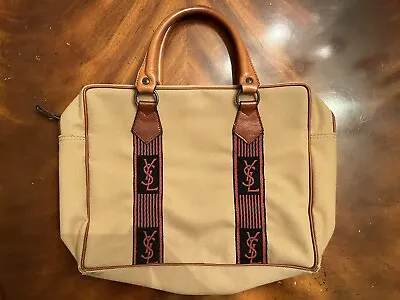 Vintage YSL Yves Saint Laurent Bag France Beige Canvas Brown Leather Boston Book • $179