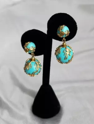 Vintage Crown Trifari Faux Turquoise Double Ball Earrings Gold Filigree Signed • $33.50