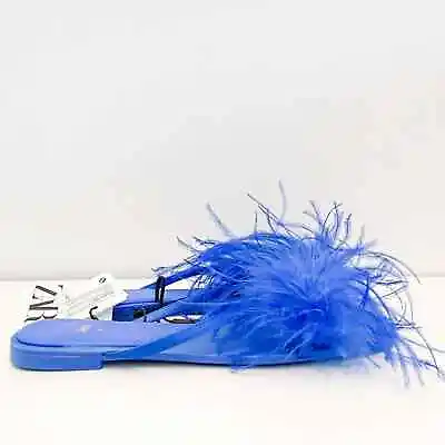 NWT Zara Feather Sandals Flats Slides Blue 38 7.5 • $99.99